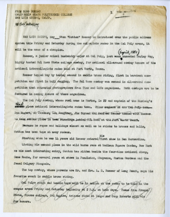 Draft News Release about Cotton Rosser, 1951 thumbnail