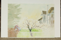 White Fence Blossom Tree And House With Chimney thumbnail