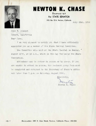 Letter from Newton K. Chase to Jane Tolmach thumbnail