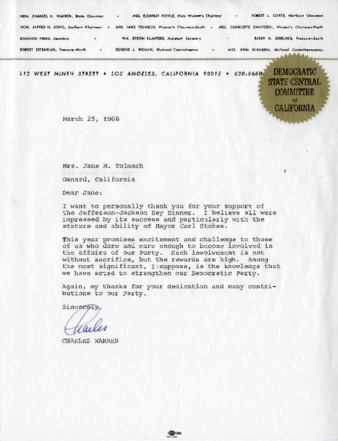 Letter to Jane Tolmach from Charles Warren thumbnail