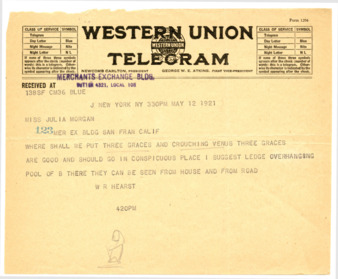 Telegram from William Randolph Hearst to Julia Morgan, May 12, 1921 thumbnail