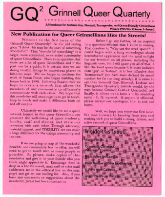 Grinnell Queer Quarterly, Winter 1993-94, Volume 1, Issue 1 thumbnail