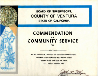 Commendation for Community Service from Board of Supervisors, County of Ventura thumbnail