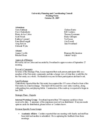 University Planning and Coordinating Council Meeting Notes October 25, 2007 thumbnail