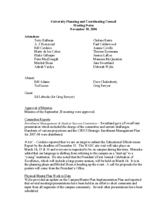 University Planning and Coordinating Council Meeting Notes November 30, 2006 thumbnail