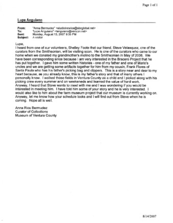 Email to Lupe Anguiano from Anna Bermudez Regarding the Bracero Project Beginnings thumbnail
