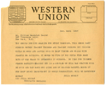 Telegram from Julia Morgan to William Randolph Hearst, November 24, 1927 thumbnail