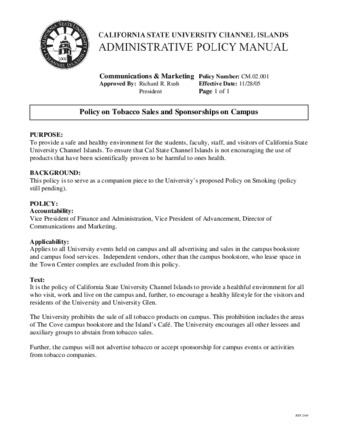 CM.02.001 - Policy on Tobacco Sales and Sponsorships on Campus (Superseded by CM.02.003) thumbnail