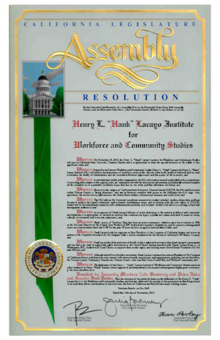 California Legislature Assembly Resolution: Henry L. "Hank" Lacayo Institute for Workforce and Community Studies thumbnail