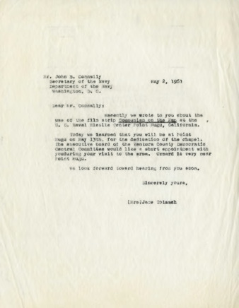 Letter to John B. Connally, Secretary of the Navy from Jane Tolmach thumbnail