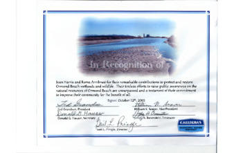 October 2005 Certificate of Recognition for Contributions to Ormond Beach and Wetlands thumbnail