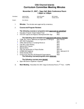 Curriculum Committee Meeting Minutes for November 21, 2007 thumbnail