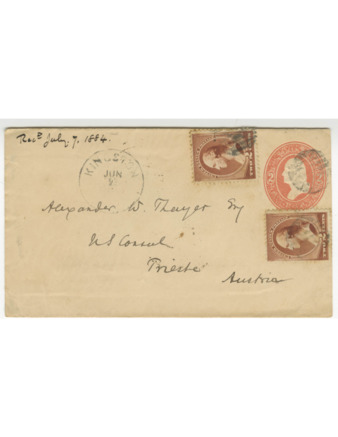Envelope for a letter sent to A. W. Thayer in Trieste from an unidentified sender in Kingston, dated July 1884 thumbnail