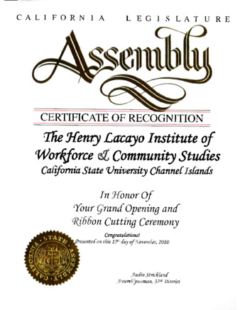 California Legislature Assembly Certificate of Recognition thumbnail