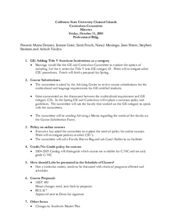 Curriculum Committee Meeting Minutes for October 31, 2003 thumbnail