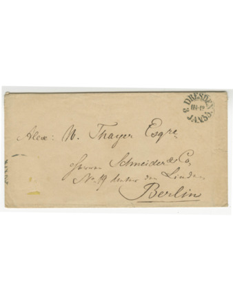 Envelope for letter sent to A. W. Thayer from Dresden to Berlin, dated 3 January 1855, sender unknown thumbnail