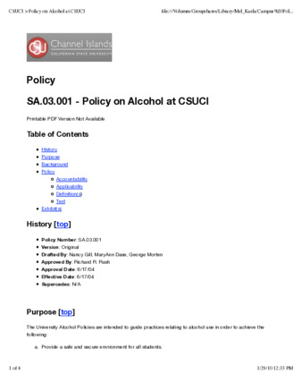SA.03.001 - Policy on Alcohol at CSUCI (Superseded by SA.03.002) thumbnail