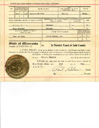 Birth Certificate for Thresie Shaffer thumbnail