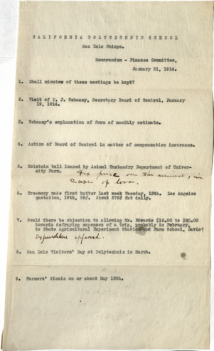 California Polytechnic School, Memorandum - Finance Committee, January 21, 1914 thumbnail