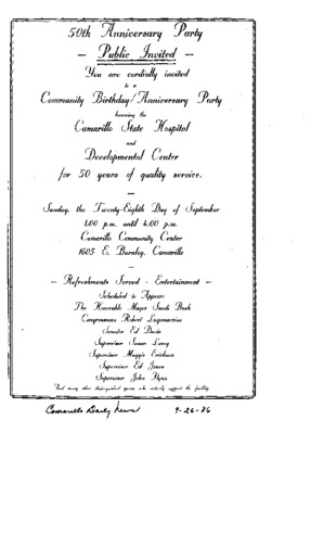 Camarillo State Hospital 50th Anniversary Party Invitation thumbnail