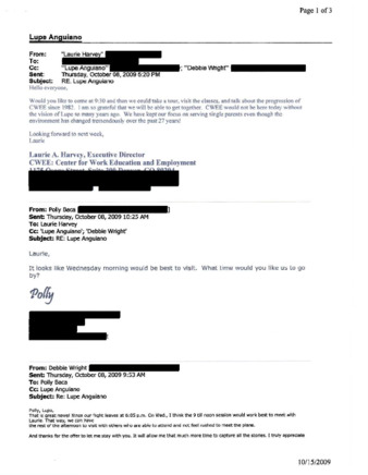 Email to Lupe Anguiano from Laurie Harvey and the Center for Work Education and Employment thumbnail
