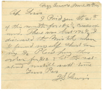 Note from J. S. Lewis to Ah Louis, June 29, [1889?] thumbnail