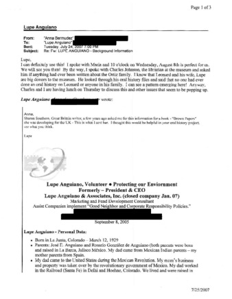 Email from Lupe Anguiano to Anna Bermudez regarding Lupe's Background Information thumbnail