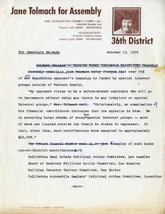 Jane Tolmach for Assembly 36th District Press Release thumbnail