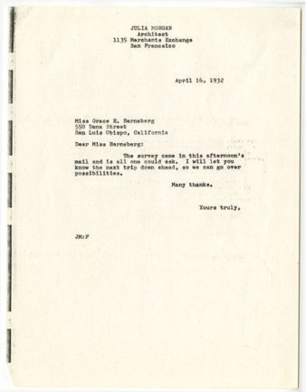 Correspondence from Julia Morgan to Grace Barneberg, April 16, 1932 thumbnail