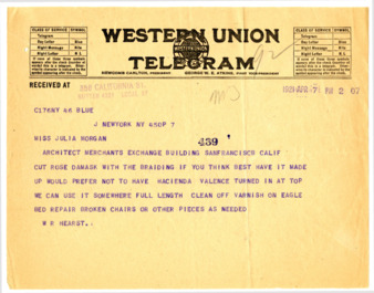 Telegram from William Randolph Hearst to Julia Morgan, April 7, 1921 thumbnail