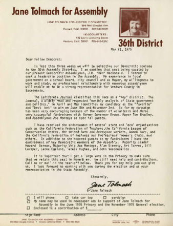 Jane Tolmach for Assembly, 36th District letter thumbnail