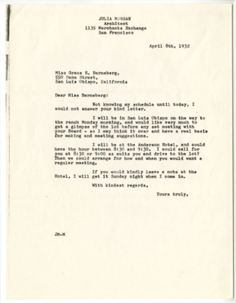 Correspondence from Julia Morgan to Grace Barneberg, April 8, 1932 thumbnail
