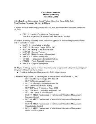 Curriculum Committee Meeting Minutes for November 7, 2002 thumbnail