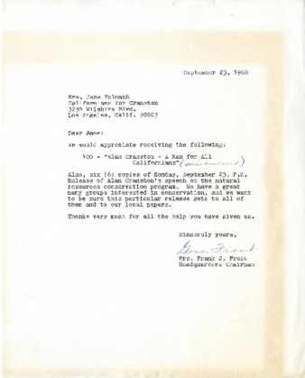 Letter to Jane Tolmach from Frank J. Frost thumbnail