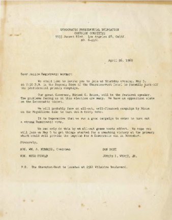 Edmund G. Brown Presidential Campaign kickoff event letter thumbnail