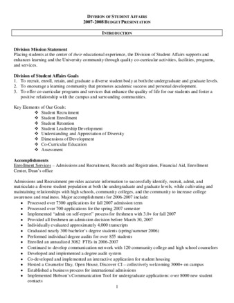 Student Affairs 2007-2008 Budget Request thumbnail