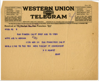 Telegram from William Randolph Hearst to Julia Morgan, August 15, 1924 thumbnail