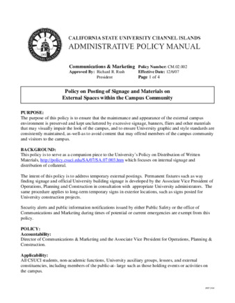 CM.02.002 - Policy on Posting of Signage and Materials on External Spaces within the Campus Community (Superseded by CM.02.004) thumbnail