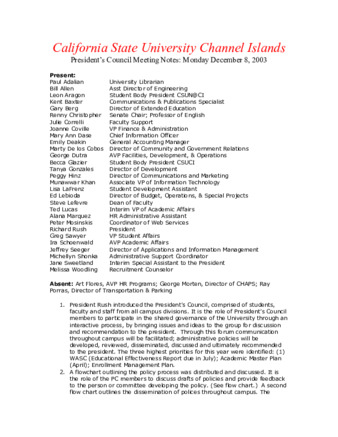 California State University Channel Islands: President's Council Meeting Notes: Monday December 8, 2003 thumbnail