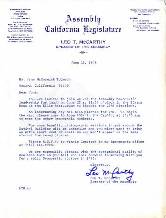 Letter to Jane Tolmach from Leo T. McCarthy, Speaker of the Assembly thumbnail