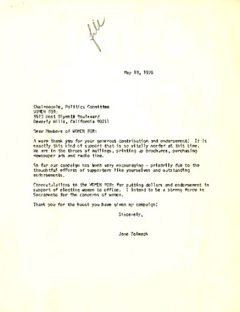 Letter from Jane Tolmach to Chairpeople, Politics Committee Women For: thumbnail