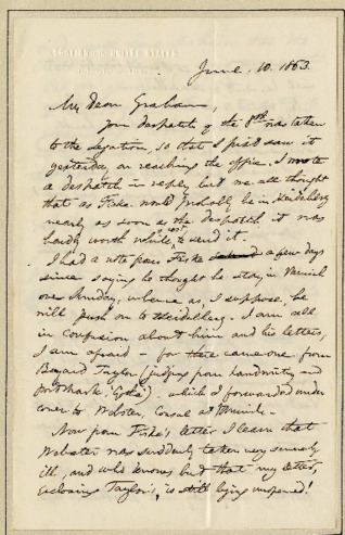 Autograph letter signed from A. W. Thayer to James Lorimer Graham Jr., June 10, 1863 thumbnail