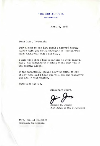 Letter to Jane Tolmach from James R. Jones, Assistant to the President thumbnail