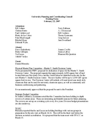 University Planning and Coordinating Council Meeting Notes February 22, 2007 thumbnail