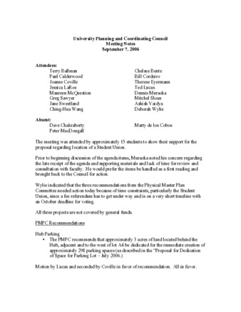 University Planning and Coordinating Council Meeting Notes September 7, 2006 thumbnail