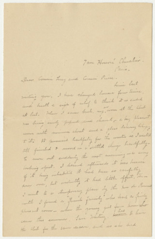 Letter from Julia Morgan to Cousin Lucy and Cousin Pierre Le Brun, October 12, 1897 thumbnail
