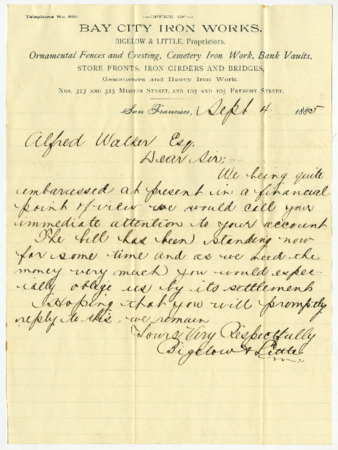 Letter from Bigelow & Little to Alfred Walker, September 4, 1885 thumbnail