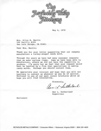 Letter from Reynolds Wrap Kitchens RE: turkey-shaped candy mold thumbnail