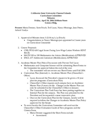 Curriculum Committee Meeting Minutes for April 30, 2004 thumbnail