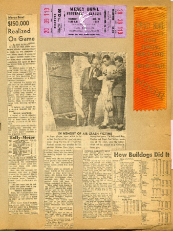 [Newspaper clippings, game ticket, and ribbon from Mercy Bowl] - restricted thumbnail